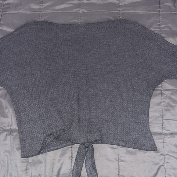 Gray slightly cropped tie front longsleeve shirt. - Picture 2 of 2